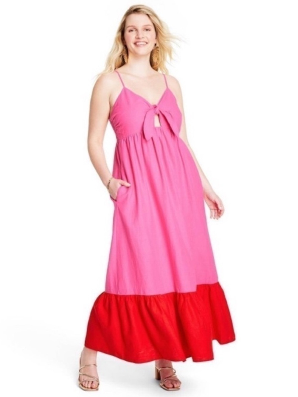 Tabitha Brown Target Pink Red Maxi Dress M Tie Front NWOT